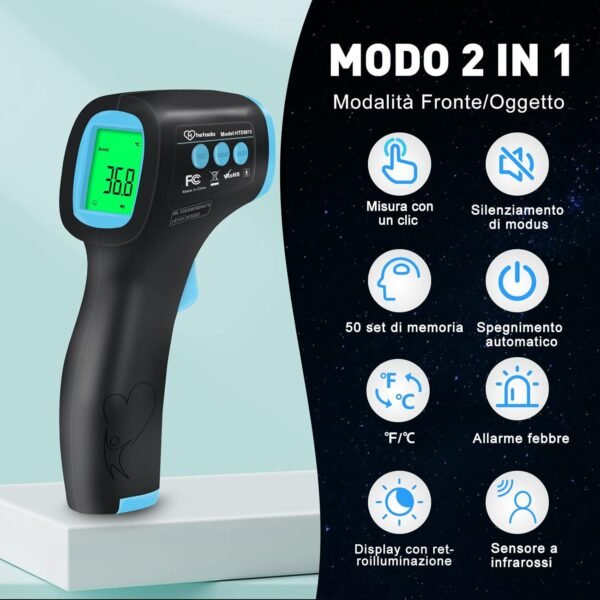 Termometro per febbre a infrarossi, Termometro digitale, Termometro per ambiente interno, Modalità corpo e Modalità superficie, con allarme febbre e ampia memoria, pronto per tutte le età - Nero