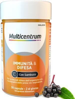 Integratore Alimentare Multicentrum Immunity & Defence con Vitamina C, Sambuco Nero e Zinco per sostenere le naturali difese immunitarie dell'organismo, per Adulti, 30 Capsule
