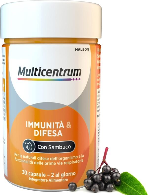 Integratore Alimentare Multicentrum Immunity & Defence con Vitamina C, Sambuco Nero e Zinco per sostenere le naturali difese immunitarie dell'organismo, per Adulti, 30 Capsule