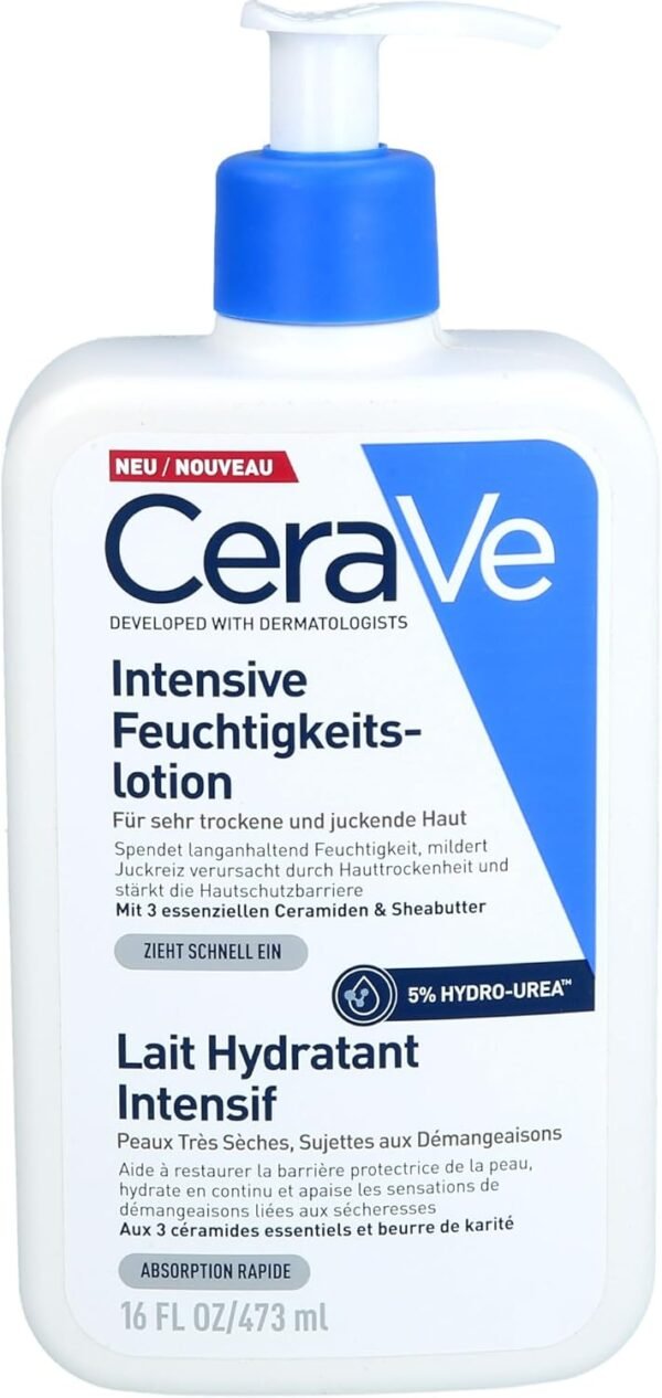 CeraVe lozione idratante intensiva per pelli molto secche, azione lenitiva, sollievo immediato dal prurito con 3 ceramidi essenziali, idrourea e burro di karitè, 473 ml