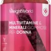 Multivitaminico da donna in caramelle gommose vegane con 13 vitamine e minerali da donna, multivitaminico completo di acido ialuronico, enotera, CoQ10, calcio, 90 caramelle gommose, aroma di fragola e lampone