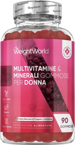 Multivitaminico da donna in caramelle gommose vegane con 13 vitamine e minerali da donna, multivitaminico completo di acido ialuronico, enotera, CoQ10, calcio, 90 caramelle gommose, aroma di fragola e lampone