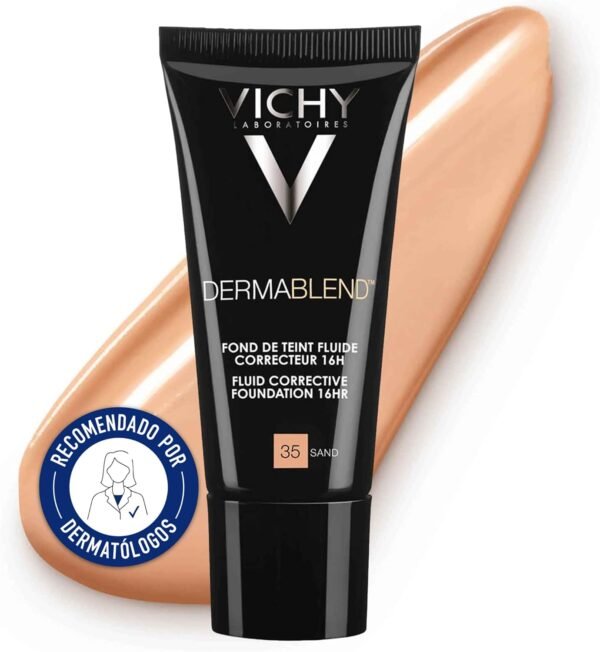 Vichy Dermablend Fondotinta Fluido Correttore, Alta Coprenza Senza Effetto Maschera, Tenuta 16H, Imperfezioni Nascoste e Pelle Radiosa, Per Tutti i Tipi di Pelle, Tonalità: 35, 30ml