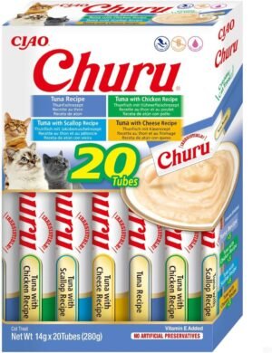 INABA Churu Snack Cremoso per Gatti in 4 Varietà di Tonno – 20 Bastoncini x 14 g – Cibo per Gatti da Leccare, Sano e Delizioso – Snack per Gatti Senza Conservanti né Coloranti Artificiali, Senza Cereali