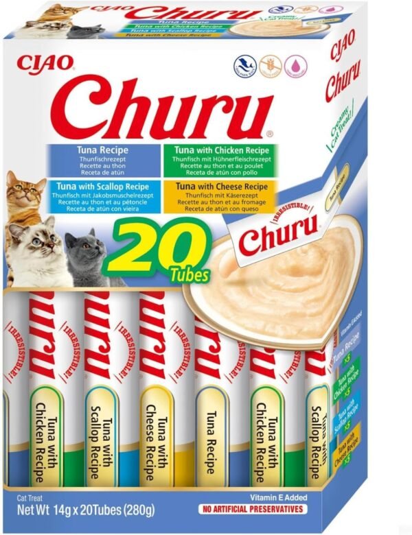 71oIy3VNmSL._AC_SL1500_.jpg INABA Churu Snack Cremoso per Gatti in 4 Varietà di Tonno – 20 Bastoncini x 14 g – Cibo per Gatti da Leccare, Sano e Delizioso – Snack per Gatti Senza Conservanti né Coloranti Artificiali, Senza Cereali