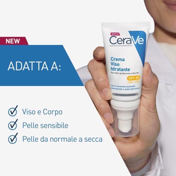 CeraVe Crema viso idratante SPF 30, per pelli da normali a secche, idratazione profonda, assorbimento rapido, protezione solare SPF 30 e acido ialuronico, 53 ml