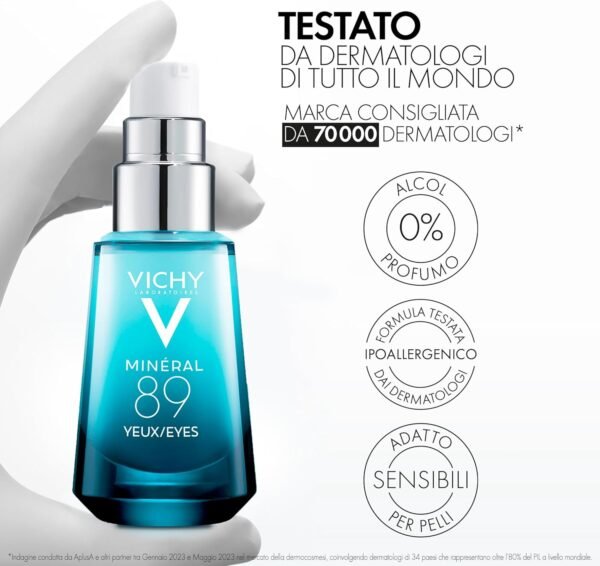 Vichy Minéral 89 Gel occhi fortificante per tutti i tipi di pelle, idratazione 8H, riduce borse, occhiaie e linee sottili, con caffeina, acido ialuronico e acqua vulcanica, 15 ml