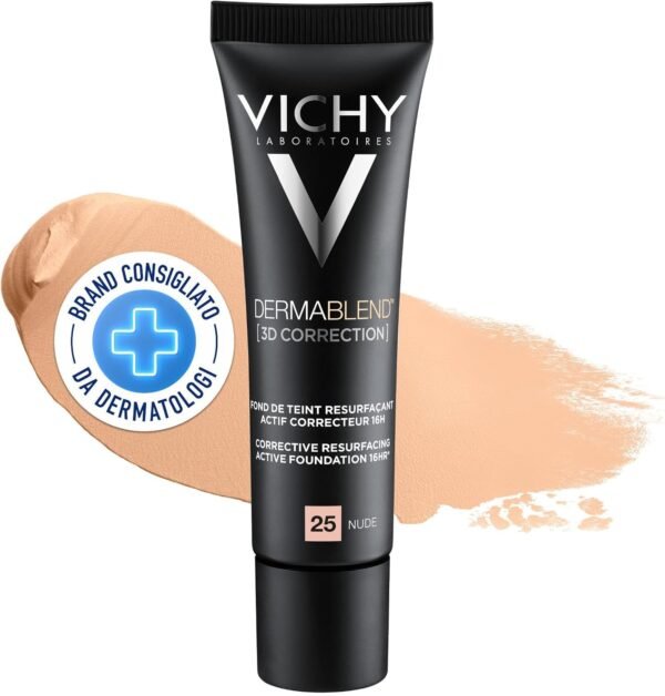 Vichy Dermablend Fondotinta Fluido Correzione 3D, Alta Coprenza, Imperfezioni Nascoste e Toni Uniformi per Pelli Grasse e Impure, Acido Salicilico, Tonalità:25, 30ml