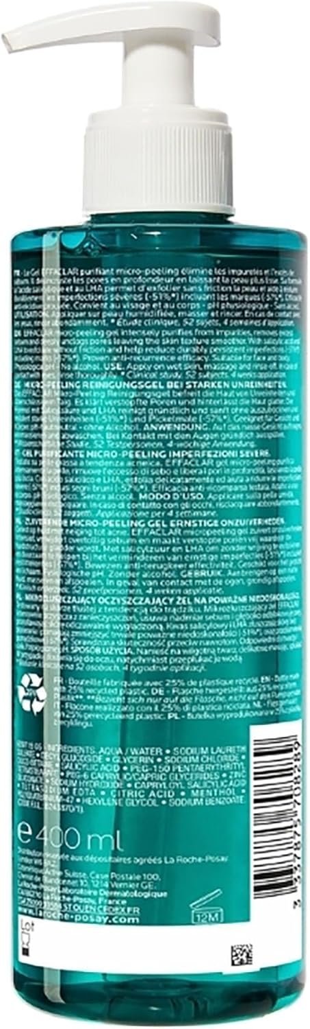La Roche Posay Effaclar Gel Micro-Peeling Purificante per Pelle Grassa a Tendenza Acneica, Azione Detergente, Pelle Levigata, Rimuove Sebo e Impurità, con Acido Salicilico, LHA e Zinco, 400 ml