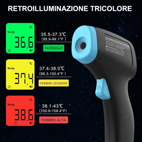 Termometro per febbre a infrarossi, Termometro digitale, Termometro per ambiente interno, Modalità corpo e Modalità superficie, con allarme febbre e ampia memoria, pronto per tutte le età - Nero
