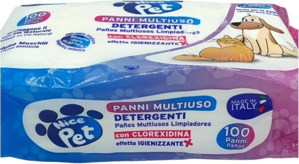 71zKMn5u4dL._AC_SL1500_.jpg Nice Pet Salviette Detergenti Igienizzanti Multiuso per Cani e Gatti, Formulazione al Profumo di Muschio con Clorexidina, Confezione da 100 Salviettine Umidificate
