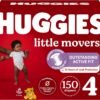 Huggies Little Movers - Pannolini taglia 4, 150 pezzi, misura 4 (10-16,8 kg), la confezione può variare