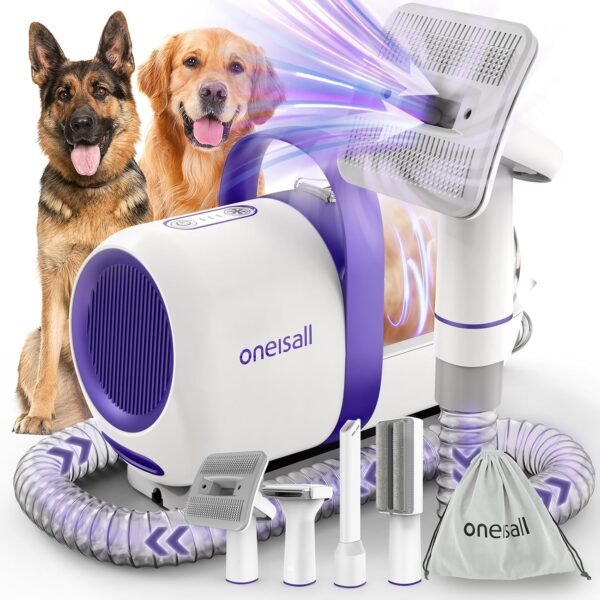 Oneisall Aspirapolvere per Cani con Spazzola, Aspirapolvere per Cani con Potente Potenza di Aspirazione con 12000 Pa, Aspira il 99,99% dei Peli di Animali Domestici (1,5 L) con 4 Accessori per la Cura