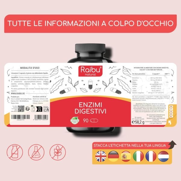 815wWe44ZqL._AC_SL1500_.jpg Enzimi Digestivi - Alta Concentrazione di Enzimi: Amilasi, Proteasi, Lattasi, Lipasi, Bromelina, Papaina - Capsule Gastroresistenti - Con Probiotico - 90 Capsule Vegane, Senza Additivi