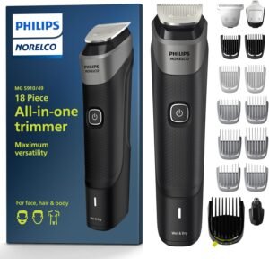 Philips New Norelco Multigroom Series 5000 18 Pezzi, Tagliacapelli Barba Viso, Capelli, Corpo e Intimo per Uomo – Senza Olio Lame MG5910/49