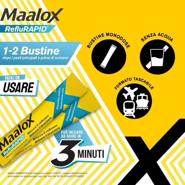 Maalox Reflurapid blocca il reflusso gastroesofageo, riduce il bruciore e l'acidità di stomaco, anche in gravidanza - con bicarbonato di sodio, senza glutine, senza lattosio (40 bustine al gusto menta)