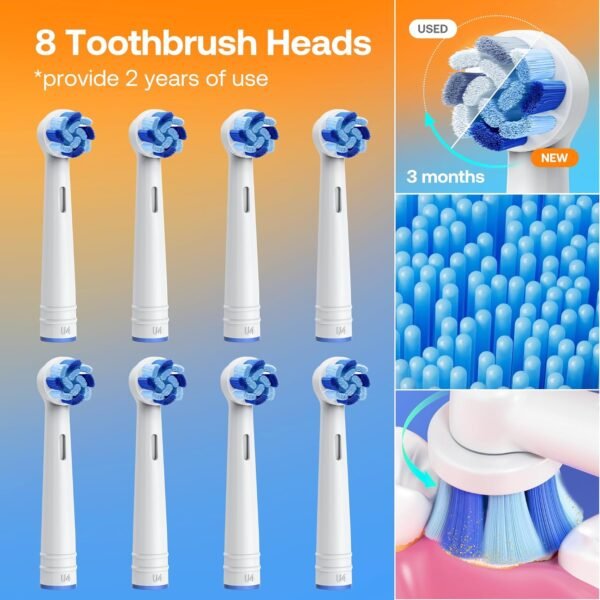 Spazzolino elettrico rotante per adulti e bambini, spazzolino da denti ricaricabile con 8 testine, durata della batteria 60 giorni, 5 modalità, nero