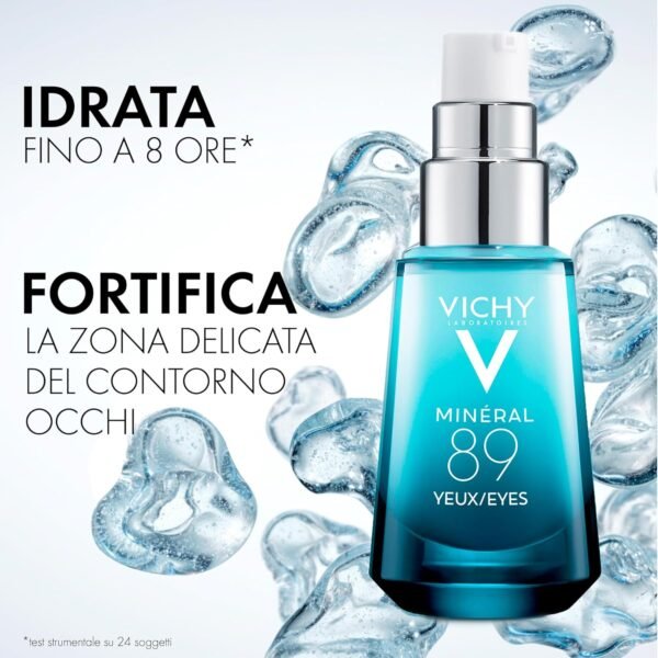 Vichy Minéral 89 Gel occhi fortificante per tutti i tipi di pelle, idratazione 8H, riduce borse, occhiaie e linee sottili, con caffeina, acido ialuronico e acqua vulcanica, 15 ml