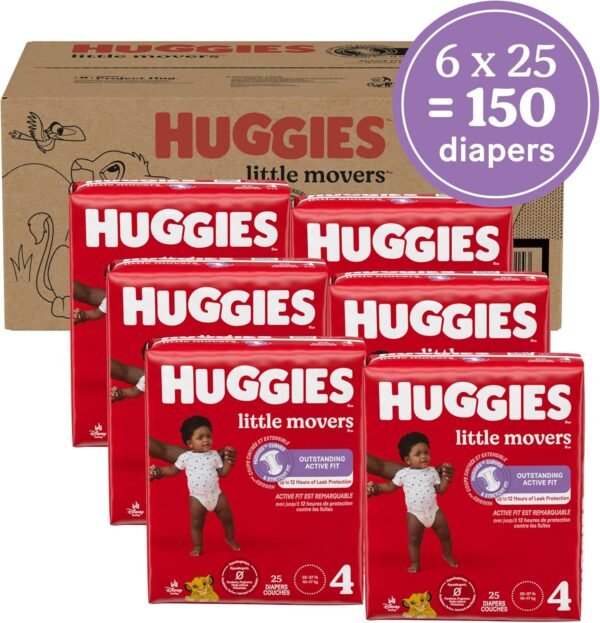 Huggies Little Movers - Pannolini taglia 4, 150 pezzi, misura 4 (10-16,8 kg), la confezione può variare