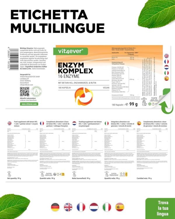 Enzimi Digestivi – 180 Capsule con 16 Enzimi più Betaina HCL, Rutina e Radice di Genziana – Con Bromelina, Papaina, Amilasi, Lipasi, Proteasi, Lattasi – Vegan – Alto dosaggio
