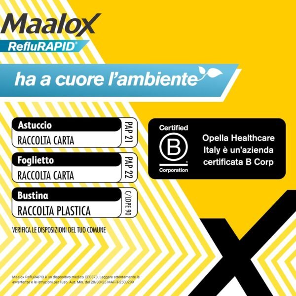 Maalox Reflurapid blocca il reflusso gastroesofageo, riduce il bruciore e l'acidità di stomaco, anche in gravidanza - con bicarbonato di sodio, senza glutine, senza lattosio (40 bustine al gusto menta)