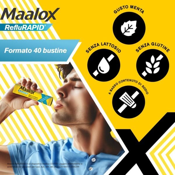 Maalox Reflurapid blocca il reflusso gastroesofageo, riduce il bruciore e l'acidità di stomaco, anche in gravidanza - con bicarbonato di sodio, senza glutine, senza lattosio (40 bustine al gusto menta)