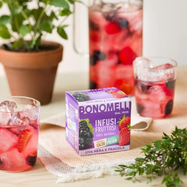 Bonomelli Infusi Fruttati, Uva Nera e Fragola, Confezione da 12 Filtri, Gusto Intenso e Delicato, Infuso Caldo e Freddo, Ingredienti 100% Naturali (24g)