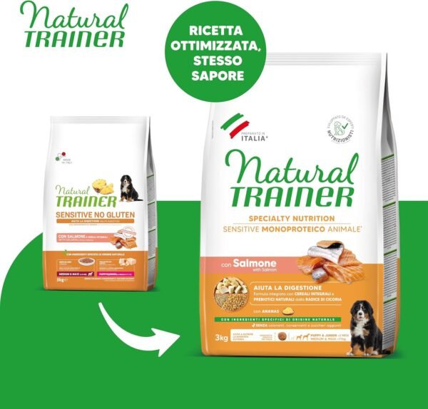 81Nshf-oOxL._AC_SL1500_.jpg Natural Trainer Sensitive No Gluten Puppy&Junior Alimento per Cani con Salmone – 3 kg