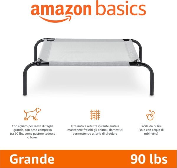 Amazon Basics Cuccia rialzata per cani rinfrescante e traspirante con struttura in metallo per cani di taglia grande, 130 cm L x 80 cm L x 19 cm A, Grigio