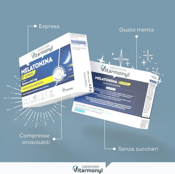 81PfG7BfrgL._AC_SL1500_.jpg Melatonin Express - Integratore Alimentare per Sonno e Jet Lag - Melatonina per Dormire - Gusto Menta - Senza Zucchero - Confezione da 60 Compresse Solubili in Oro Vitarmonyl