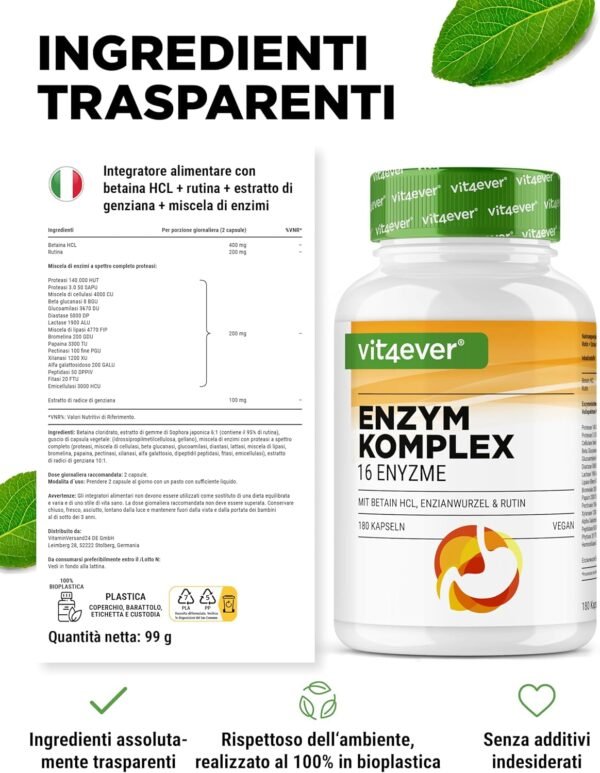 Enzimi Digestivi – 180 Capsule con 16 Enzimi più Betaina HCL, Rutina e Radice di Genziana – Con Bromelina, Papaina, Amilasi, Lipasi, Proteasi, Lattasi – Vegan – Alto dosaggio