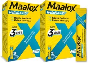 Maalox Reflurapid blocca il reflusso gastroesofageo, riduce il bruciore e l'acidità di stomaco, anche in gravidanza - con bicarbonato di sodio, senza glutine, senza lattosio (40 bustine al gusto menta)