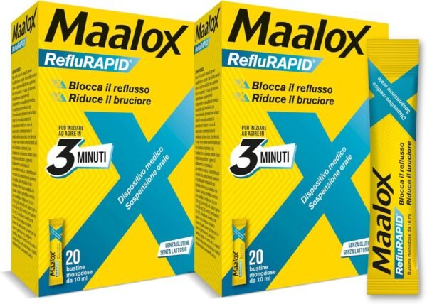 Maalox Reflurapid blocca il reflusso gastroesofageo, riduce il bruciore e l'acidità di stomaco, anche in gravidanza - con bicarbonato di sodio, senza glutine, senza lattosio (40 bustine al gusto menta)