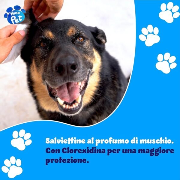 81T7568t7L._AC_SL1500_.jpg Nice Pet Salviette Detergenti Igienizzanti Multiuso per Cani e Gatti, Formulazione al Profumo di Muschio con Clorexidina, Confezione da 100 Salviettine Umidificate