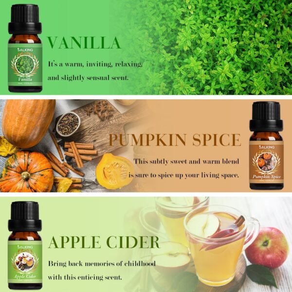 SALKING Oli Essenziali Autunnali per Diffusori 6x10ml, Set di Oli Essenziali Puri per Aromaterapia e Massaggi - Vaniglia, Torta di Zucca, Snickerdoodle, Sidro di Mele, Pino Silvestre, Mais Dolce