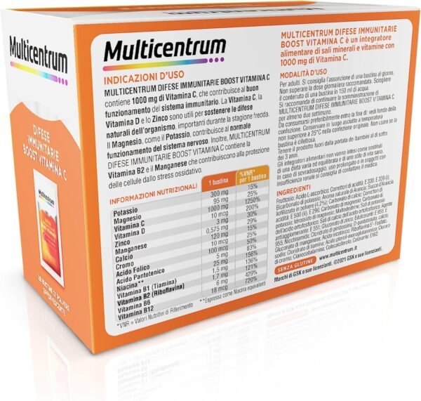 Difese Immunitarie Multicentriche, Boost Vitamina C, Integratore Alimentare con 1000 mg di Vitamina C, Supporto al Sistema Immunitario e al Metabolismo Energetico, 14 Bustine