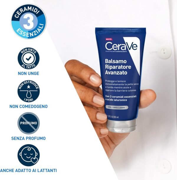 81XpLQ-PRKL._AC_SL1500_.jpg CeraVe Balsamo Riparatore Avanzato per Pelli Molto Secche e Ruvide, Azione Protettiva e Lenitiva, Idratazione 24H, con Vaselina, Acido Ialuronico e 3 Ceramidi, 90 ml