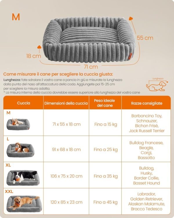 Feandrea PGW311GD01 Cuccia Media per Cani, Cuccia Ortopedica per Animali Domestici, Sfoderabile e Lavabile, Morbida Imbottitura, 71 x 55 x 18 cm, Grigio Tortora