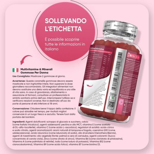 Multivitaminico da donna in caramelle gommose vegane con 13 vitamine e minerali da donna, multivitaminico completo di acido ialuronico, enotera, CoQ10, calcio, 90 caramelle gommose, aroma di fragola e lampone
