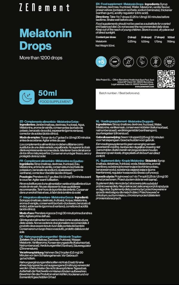 Melatonina Pura Junior Melatonina Gocce Integratore Alimentare | Favorisce il sonno e combatte il jet lag | Gusto Vaniglia | Bambini e adulti | 50ml| Zenement