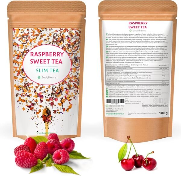 Bodyblooms Tisana Drenante e Snellente al Gusto Lampone | Infusi Pancia e Addome Donne/Uomini | Tè e Infusi Freddi e Caldi | Tisana Fredda e Calda | Infusi Freddi 100 g con Frutta in