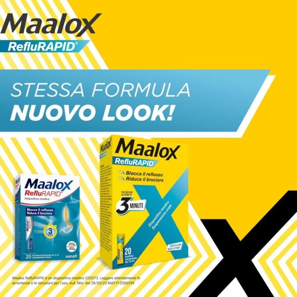 Maalox Reflurapid blocca il reflusso gastroesofageo, riduce il bruciore e l'acidità di stomaco, anche in gravidanza - con bicarbonato di sodio, senza glutine, senza lattosio (40 bustine al gusto menta)