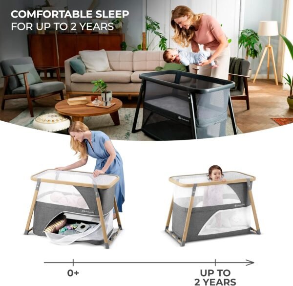Kinderkraft Lettino da viaggio 4 in 1 SOFI Lettino in uno Lettino pieghevole rapido con accessori, materasso, borsa, stile scandinavo, due altezze, per neonati dalla nascita, Grigio
