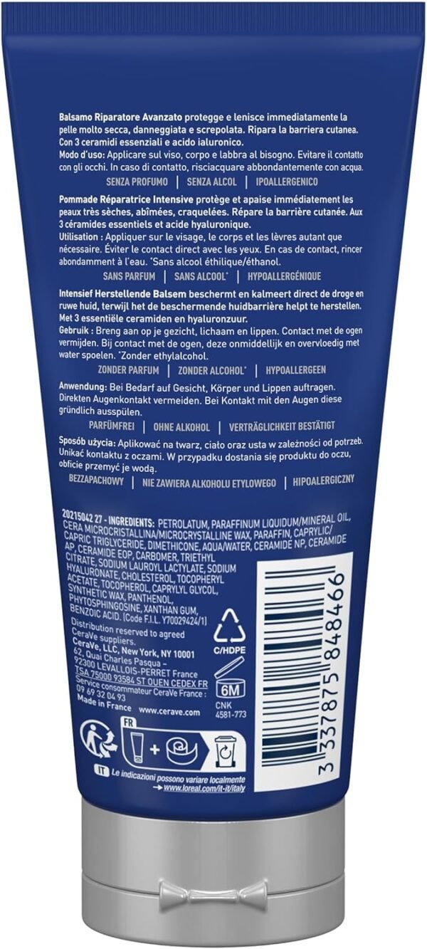 81uPbIBLCJL._AC_SL1500_.jpg CeraVe Balsamo Riparatore Avanzato per Pelli Molto Secche e Ruvide, Azione Protettiva e Lenitiva, Idratazione 24H, con Vaselina, Acido Ialuronico e 3 Ceramidi, 90 ml