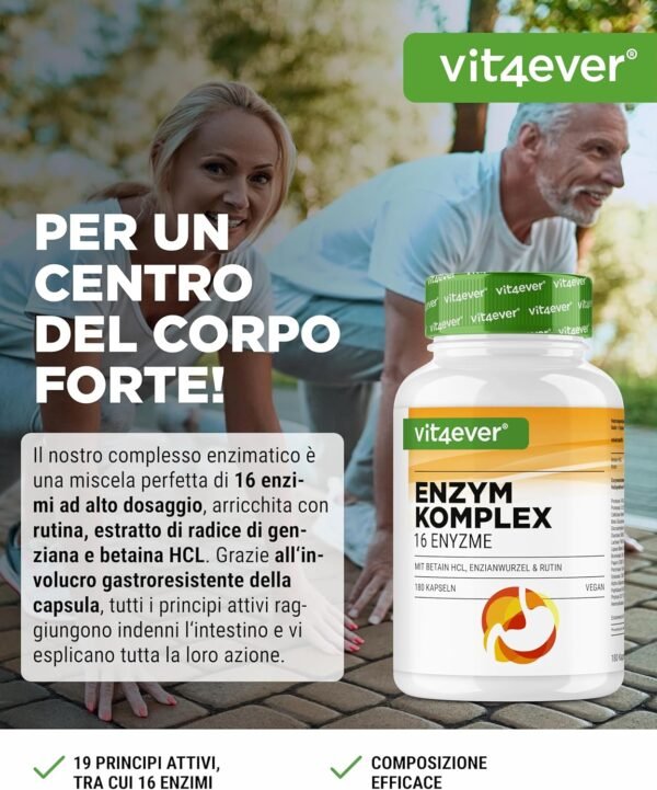 Enzimi Digestivi – 180 Capsule con 16 Enzimi più Betaina HCL, Rutina e Radice di Genziana – Con Bromelina, Papaina, Amilasi, Lipasi, Proteasi, Lattasi – Vegan – Alto dosaggio