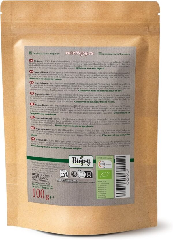 Biojoy Foglie di Biancospino Bio (100 g), Secche e Tagliate, per Tisana (Crataegus monogyna)