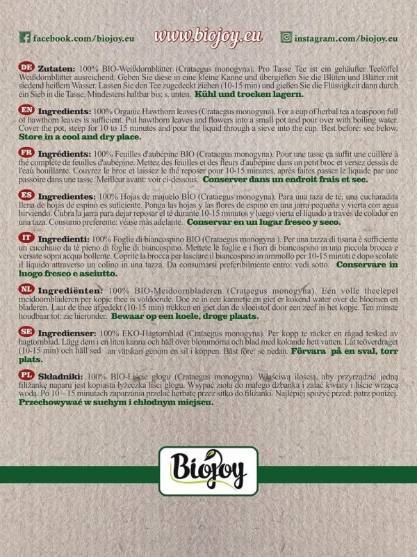 Biojoy Foglie di Biancospino Bio (100 g), Secche e Tagliate, per Tisana (Crataegus monogyna)