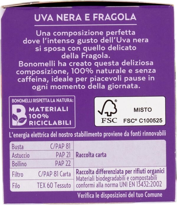 Bonomelli Infusi Fruttati, Uva Nera e Fragola, Confezione da 12 Filtri, Gusto Intenso e Delicato, Infuso Caldo e Freddo, Ingredienti 100% Naturali (24g)