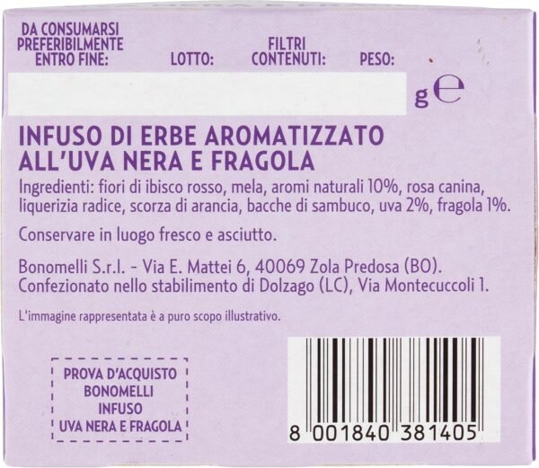 Bonomelli Infusi Fruttati, Uva Nera e Fragola, Confezione da 12 Filtri, Gusto Intenso e Delicato, Infuso Caldo e Freddo, Ingredienti 100% Naturali (24g)