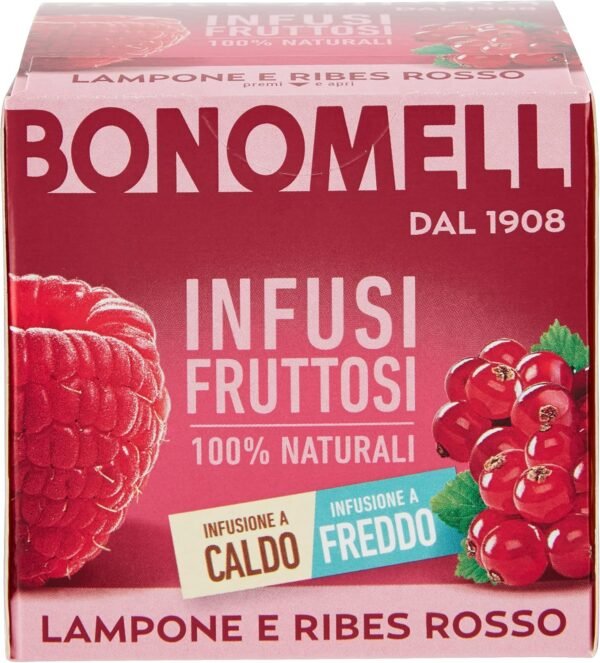 Bonomelli - Infusi Fruttati, Lampone e Ribes Rosso, Confezione da 12 Filtri, Gusto Rinfrescante e Leggermente Acido, Infuso Caldo e Freddo, Ingredienti 100% Naturali (24g)